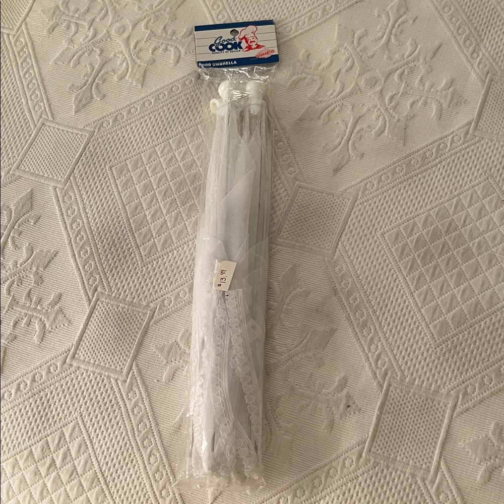 WHITE, LACE-TRIMMED UMBRELLA FOOD COVERS—ONE PAIR, BRAND NEW IN UNOPENED PACKAGE